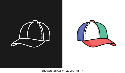 Set of baseball cap icons shown in a simple white outline and a colorful version for sports and casual headwear design.