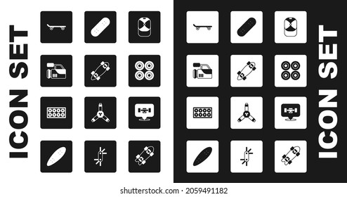 Set Baseball cap, Longboard or skateboard, Cinema camera, Skateboard, wheel,  and  icon. Vector