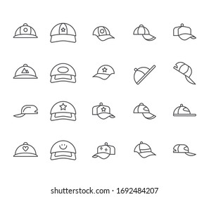 Juego de íconos de la Línea Vectora Relacionados con la gorra de béisbol. 