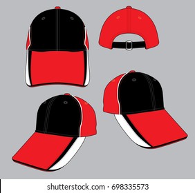 Set baseball caps design vector with black/red/white colors.Strap back with lock slide buckle.