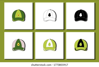 Set of baseball caps. Different avocado fruit pattern, stripe, icon etc. Flat Design Vector Illustration.