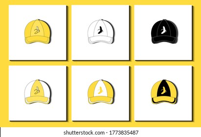 Set of baseball caps. Different banana fruit pattern, stripe, icon etc. Flat Design Vector Illustration.