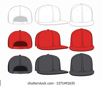 Set of baseball caps, front, back and side view. Vector illustration.