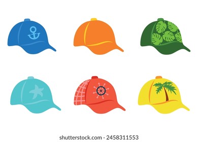 A set of baseball caps, summer caps with different designs and colors. Vector illustration of a summer headdress. Cap views vector icons for web