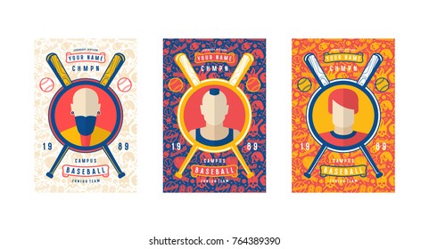 Set Of Baseball Card Design. Seamless Pattern And Emblems. Bright Color Print