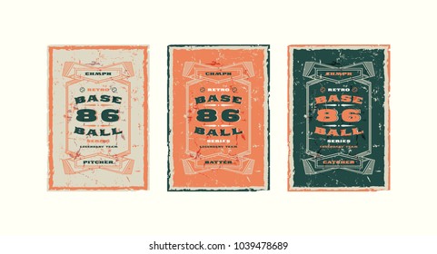 Set of baseball card design in vintage style. Player cards for pitcher, batter and catcher. Illustration with rough texture