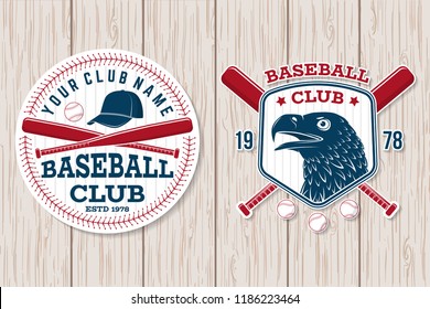 Set of baseball club badge. Vector illustration. Concept for shirt or logo, print, stamp, patch or tee. Vintage typography design with baseball bats, cap, eagle and ball for baseball silhouette.