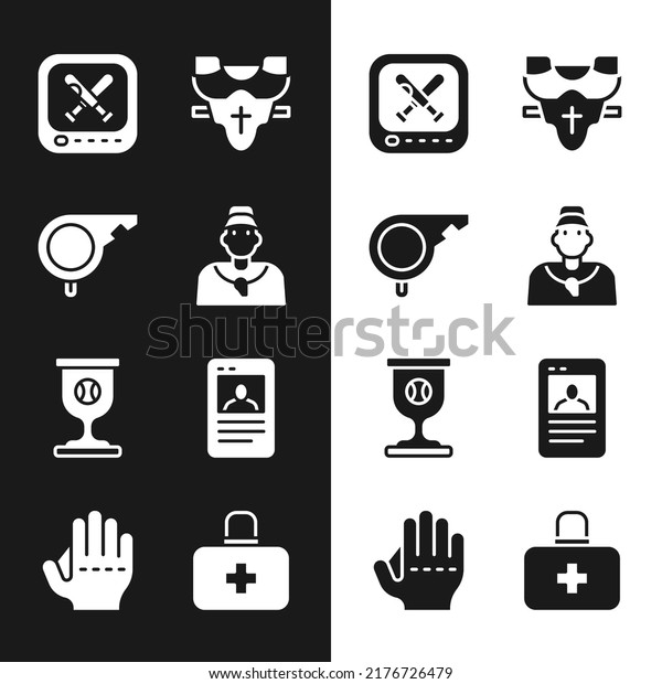 Set Baseball coach, Whistle, Monitor with baseball\
game, Player chest protector, Award cup, card, First aid kit and\
glove icon. Vector