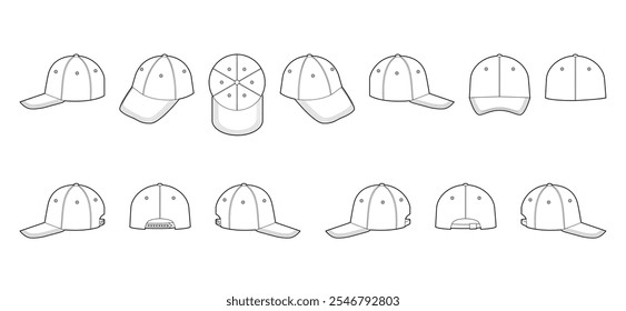 Set of Baseball Dad Cap Hat. Summer Head Fashion accessory clothing technical illustration. Vector headgear for Men, women, unisex style, flat template CAD mockup sketch outline isolated