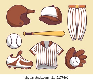 Set of baseball design elements. Baseball beats, balls, glove, hats. Design elements for logo, label, emblem, sign. Vector illustration.