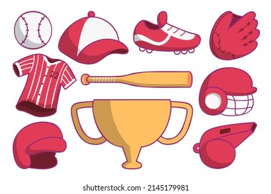 Set of baseball design elements. Baseball beats, balls, glove, hats. Design elements for logo, label, emblem, sign. Vector illustration.