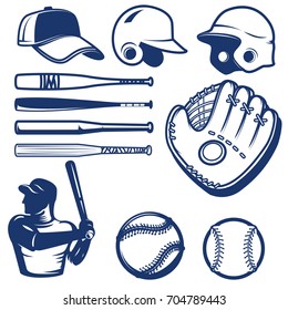 Set Of Baseball Design Elements. Baseball Beats, Balls, Glove, Hats. Design Elements For Logo, Label, Emblem, Sign. Vector Illustration