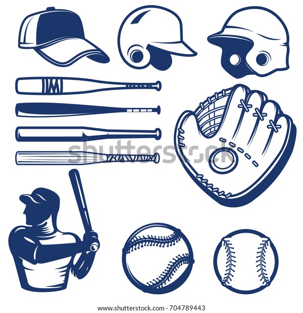 Set of baseball design elements. Baseball
beats, balls, glove, hats. Design elements for logo, label, emblem,
sign. Vector illustration