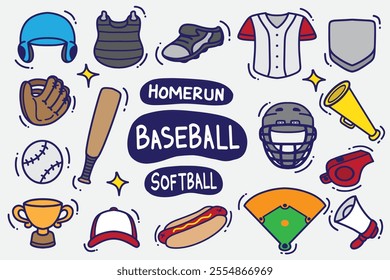 set of baseball doodles color good for background, wallpaper, element design, icons, etc