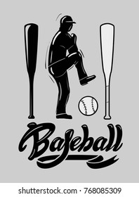 Set of baseball elements. Silhouette of a baseball player, ball, bit, lettering. Vector illustration.