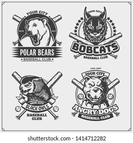 Set of baseball emblems, badges, logos and labels with pitbull, owl, bobcat and polar bear. Print design for t-shirt.