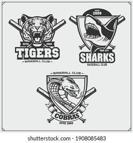 Set of baseball emblems, badges, logos and labels with tiger, shark and snake. Print design for t-shirt.