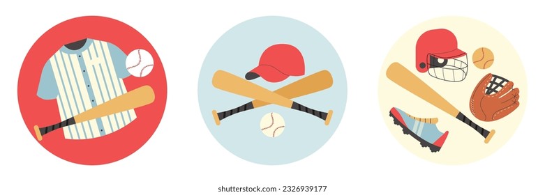 Set von Baseball-Emblemen oder Abzeichen mit Sportausrüstung und Sportgerät, flache Vektorgrafik einzeln auf weißem Hintergrund. Baseball Sportdesign-Elemente für Logo und Druck.