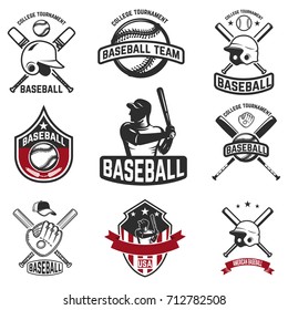 Set of baseball emblems. Baseball bats, helmets, gloves. Design elements for logo, label, sign. Vector illustration