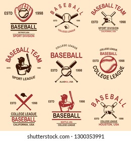 Set of baseball emblems. Design element for logo, label, sign, poster, t shirt. Vector illustration