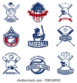 Set of baseball emblems. Baseball tournament. Design elements for logo, label, emblem, sign. Vector illustration