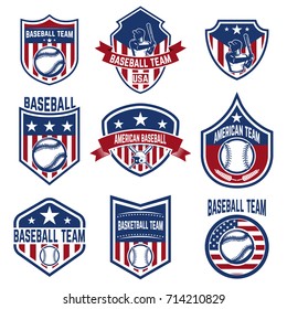 Set of baseball emblems. Baseball tournament. Design elements for logo, label, emblem, sign. Vector illustration