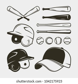 set of baseball equipment and gear. bat, helmet, cap, balls. sport design elements for logotypes and emblems. vector illustration