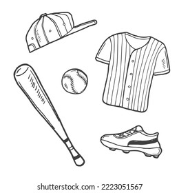 Set of Baseball equipment hand drawn vector illustration. Sports icon design template.