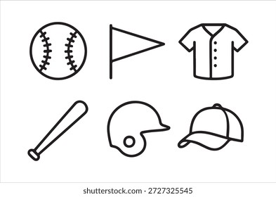 um conjunto de ícones de equipamento de beisebol em estilo de linha simples