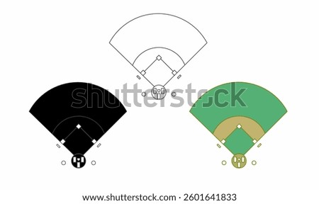 set of baseball field icons in outline, solid, and colored styles. Perfect for sports graphics, game strategies, infographics, and baseball-related designs.