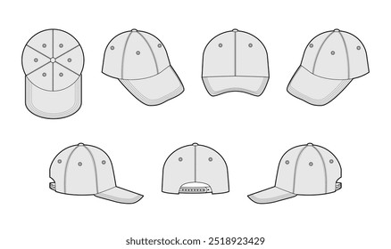 Set of Baseball Fitted Field Cap Hat. Summer Head Fashion accessory clothing technical illustration. Vector headgear for Men, women, unisex style, flat template CAD mockup sketch outline isolated