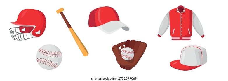 Set of baseball game items in cartoon style. Vector illustration: baseball helmet with metal grille, ball, bat, baseball caps, red sports jacket, brown leather glove, isolated on white background.
