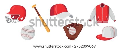 Set of baseball game items in cartoon style. Vector illustration: baseball helmet with metal grille, ball, bat, baseball caps, red sports jacket, brown leather glove, isolated on white background.

