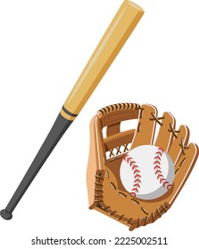 Set of baseball glove, bat and ball