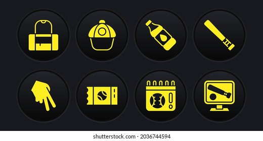 Set Baseball glove, bat, ticket, Calendar with baseball game, Bottle of water, cap, Monitor and Sport bag icon. Vector