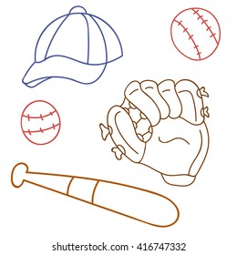 set for baseball, glove, cap, bat, game, sport