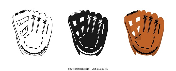 set of baseball glove designs, detailed and simple designs. available outline, black and color, editable vector eps 10.