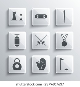 Set Baseball glove, Golf flag, Medal, Fencing, Kettlebell, Punching bag, Chess and bat icon. Vector