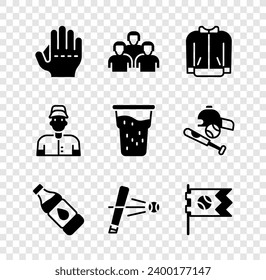 Set Baseball glove, Team of baseball players, t-shirt, Bottle water, bat with, Flag,  and Glass beer icon. Vector