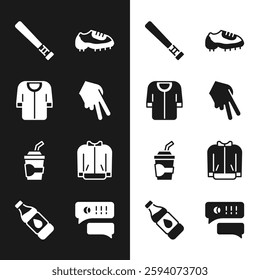 Set Baseball glove, t-shirt, bat, boot, Paper glass with water, Speech bubble chat baseball and Bottle of icon. Vector