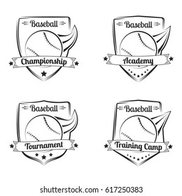 Set of baseball hand drawn emblems. Sport logo design. Vector illustration.