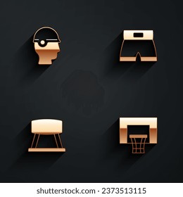 Set Baseball helmet, Boxing short, Pommel horse and Basketball backboard icon with long shadow. Vector