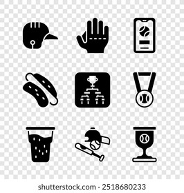 Set Baseball helmet, glove, Mobile with baseball, Glass of beer, bat hat, Award cup, Hotdog sandwich and Championship tournament bracket icon. Vector