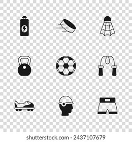 Set Baseball helmet, Jump rope, Boxing short, Soccer football, Badminton shuttlecock, Fitness shaker, Hockey puck and Weight icon. Vector