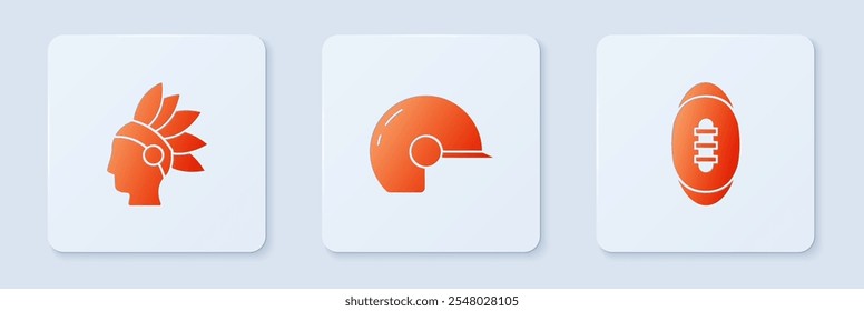 Set Baseball helmet, Native American Indian and Football. White square button. Vector