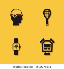 Set Baseball helmet, Stopwatch, Smart with heart and Tennis racket icon with long shadow. Vector