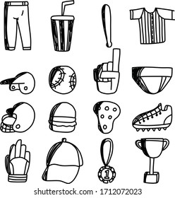 Juego de íconos de béisbol y doodles como casco de béisbol, lanzador, bateador, cazador, uniforme adecuado para colecciones de arte de diseño de dibujos animados, dibujos animados y baloncesto deportivo