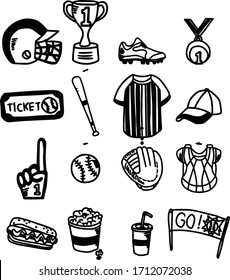 Set of baseball icon and doodles such as baseball helmet, pitcher, batter, catcher, uniform suitable for doodle, cartoon and sport ball theme design art collection