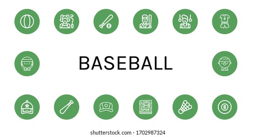 Juego de iconos de béisbol. Tales como Pelota, Gimnasta, Béisbol, Béisbol, Deporte, Cap, bat, Shuttlecock, Billiard, Gangsta , iconos