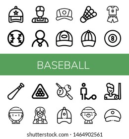 Set of baseball icons such as Cap, Baseball, Athlete, Shuttlecock, Baseball cap, Sport, Billiard, bat, Gangsta, Mathematician, Ball ,